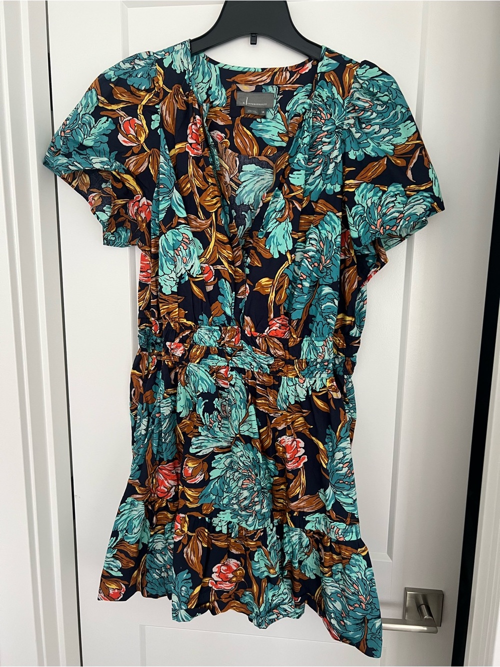Anthropologie Navy Dress with Teal & Brown/Mustard Floral Print